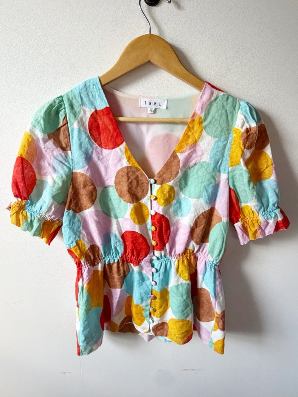 THML Multicolor Polka Dot Peplum Top - Mint, Red, Yellow, Brown